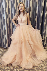 Elegant Straps Organza A-line Long Prom/Formal Dress With Ruffles